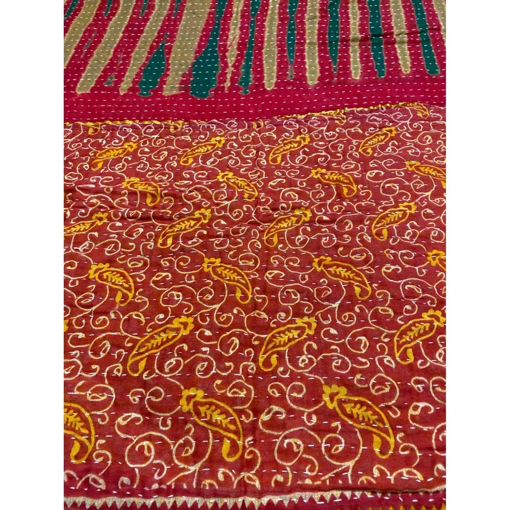 Kantha Quilt Reversible Hand Stitched Cotton Patchwork Throw Blanket Red Boho